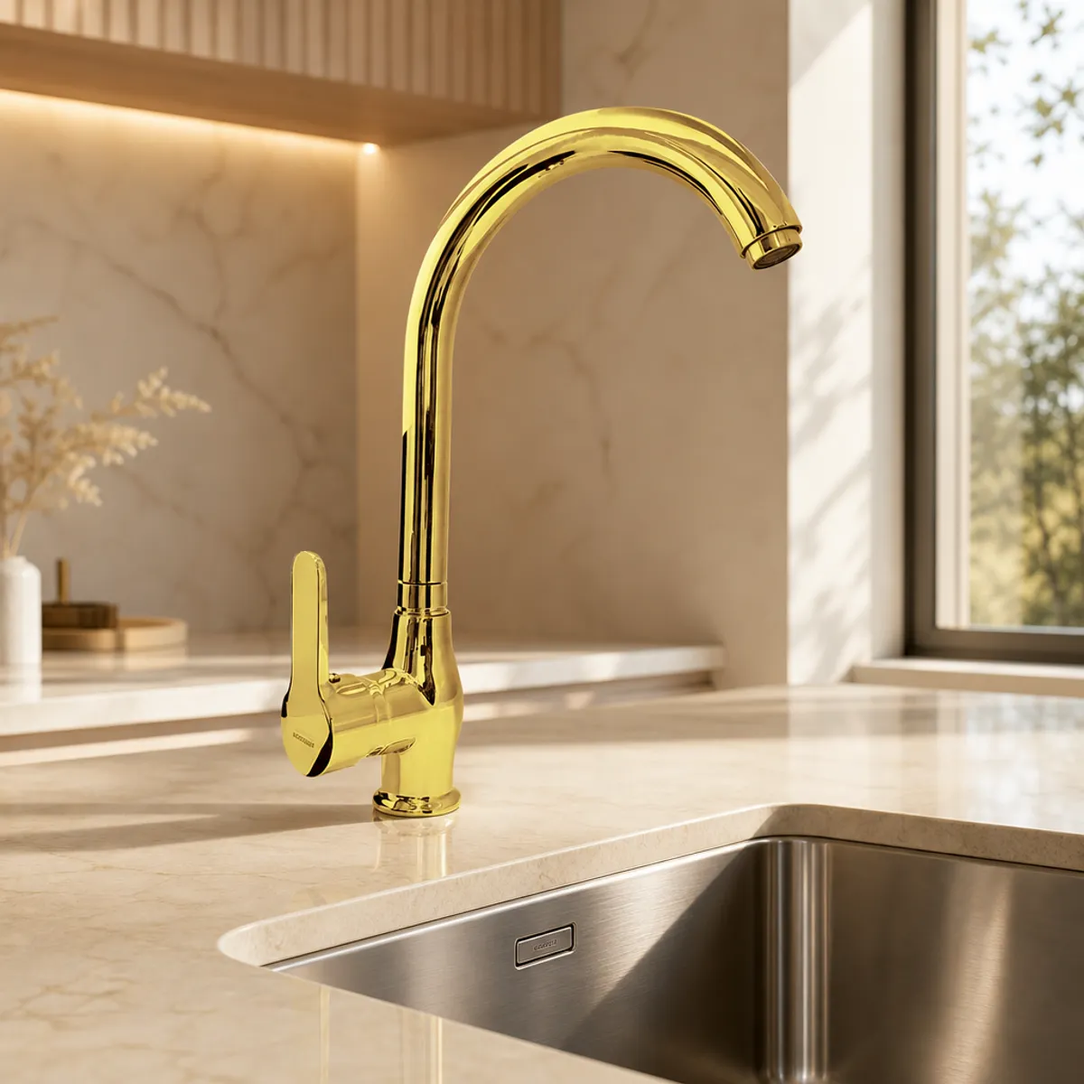 7103-02 Swan Neck Sink Mixer, Gold — In use