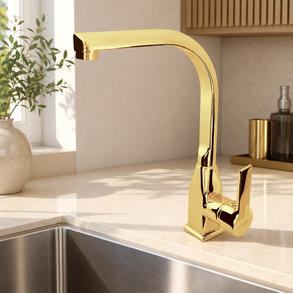 8603-02 Swan Neck Sink Mixer, Gold — In use