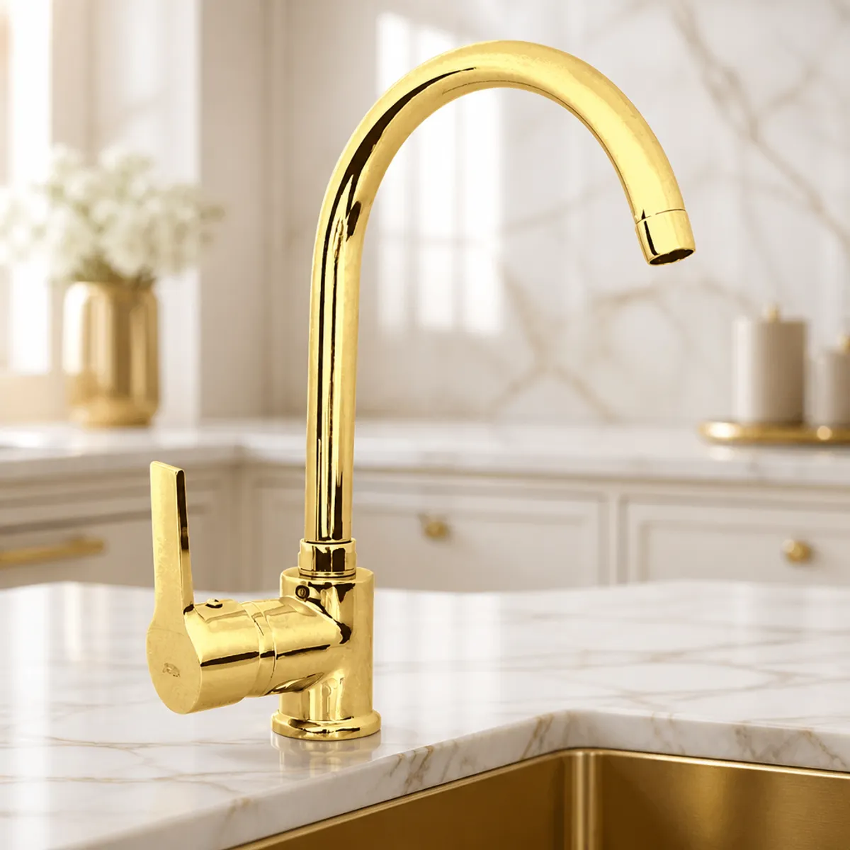9603-02 Swan Neck Sink Mixer, Gold — In use